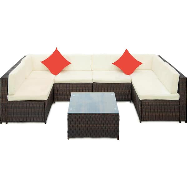 GOSHADOW Brown 7-Piece Wicker Patio Conversation Sectional Seating Set with Beige Cushions Garden Furniture Sofa Set