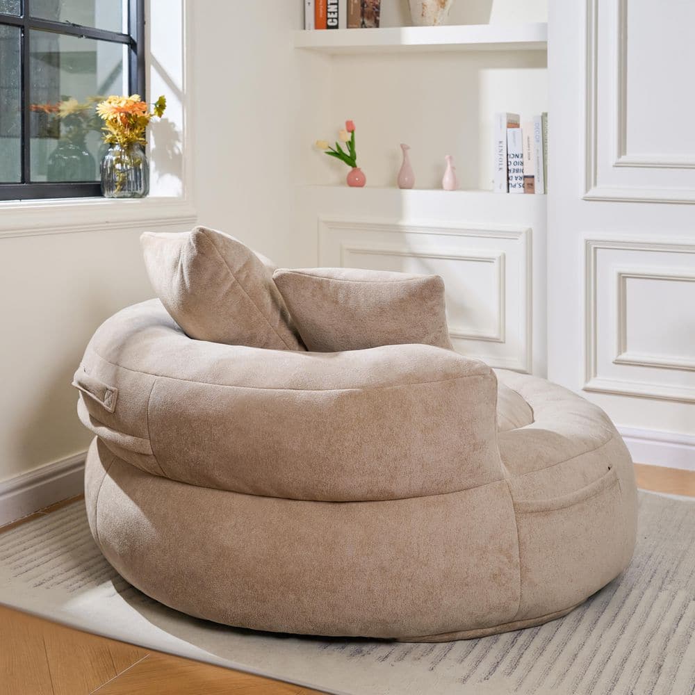 Modern Khaki Fabric 21.00 in. Giant Bean Bag Chair with Memory Foam and Pillows for Living Room