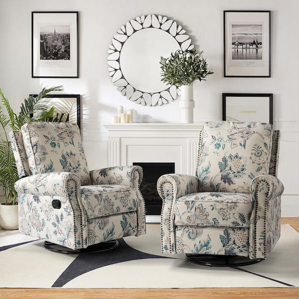 Orlando Traditonal Manual Livingroom Glider Rocker Nursery Recliner with Swivel Base and Nailhead Trim Set of 2 -Teal