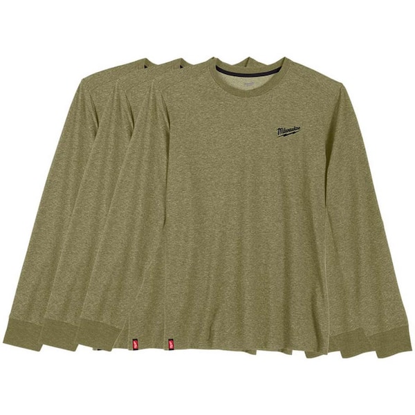 Milwaukee Men's Large Green Cotton/Polyester Long-Sleeve Hybrid Work T-Shirt (3-Pack)