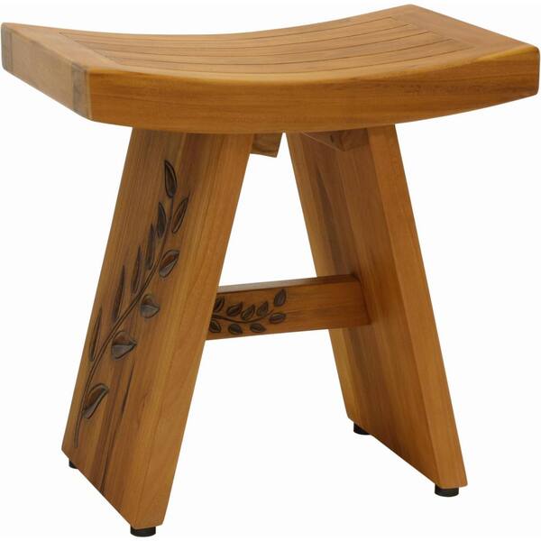 AquaTeak 18 in. x 12 in. Asia Artisan Freestanding Teak Shower Bench Walk in Shower Seat Carved Leaves on Seat-Front and Crossbar