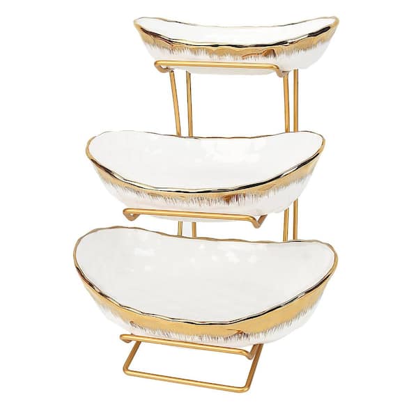 3 Tier Ceramic Fruit Bowl with Metal Stand for Kitchen Counters, Multi-Size Bowls for Fruits and Snacks