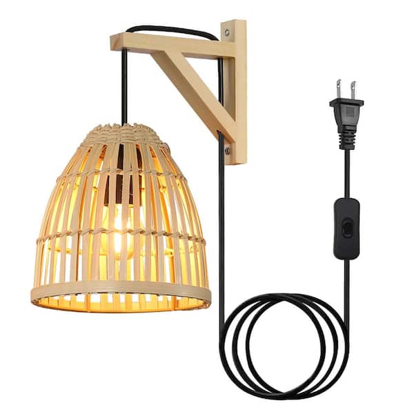 Kitchen Island 5.7 in. 1 Light Wood Base Plug in Wall Sconces with Bamboo Shade, Rustic Adjustable Height Wall Lamp