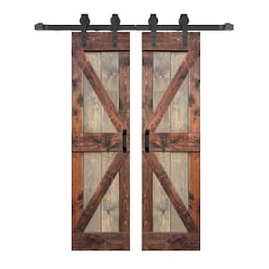 K Series 48 in. x 84 in. Brown/Walnut Finished Soild Wood Double Sliding Barn Door With Hardware Kit - Assembly Needed