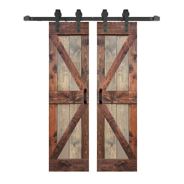 ISLIFE K Series 48 in. x 84 in. Brown/Walnut Finished Soild Wood Double Sliding Barn Door With Hardware Kit - Assembly Needed