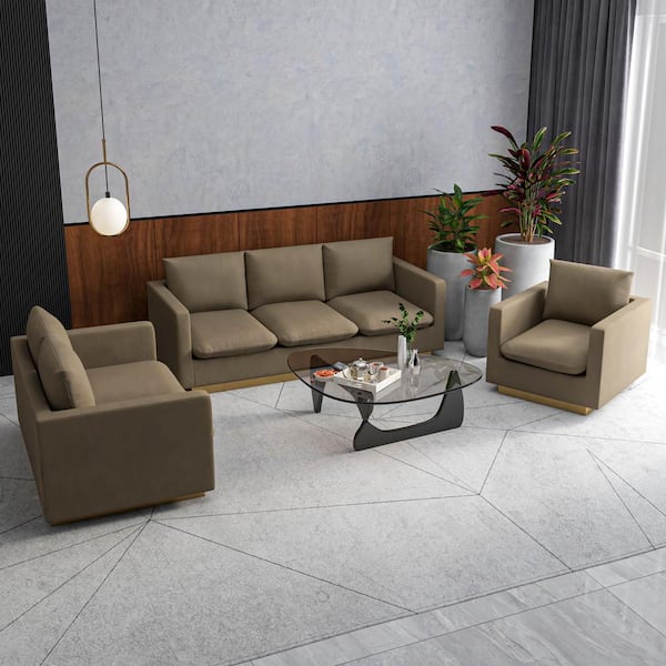 Leisuremod 3-Piece Sofa Set Upholstered in Velvet with Gold Stainless Steel Base and Removable Cushions in Dark Grey