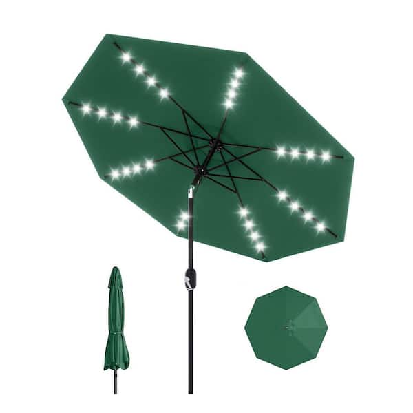 dark green 9 ft patio umbrella with led lights 9 ft. 8-Rib Round Solar LED Lighted Market Patio Umbrella in Dark Green  with Crank Lift and Tilt ATYPPG_334W3H59