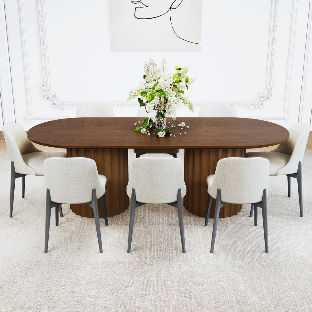 9-Piece Walnut Oval Dining Table Set for 8, Double Pedestal Base with Wood Top and 8 Upholstered Chairs