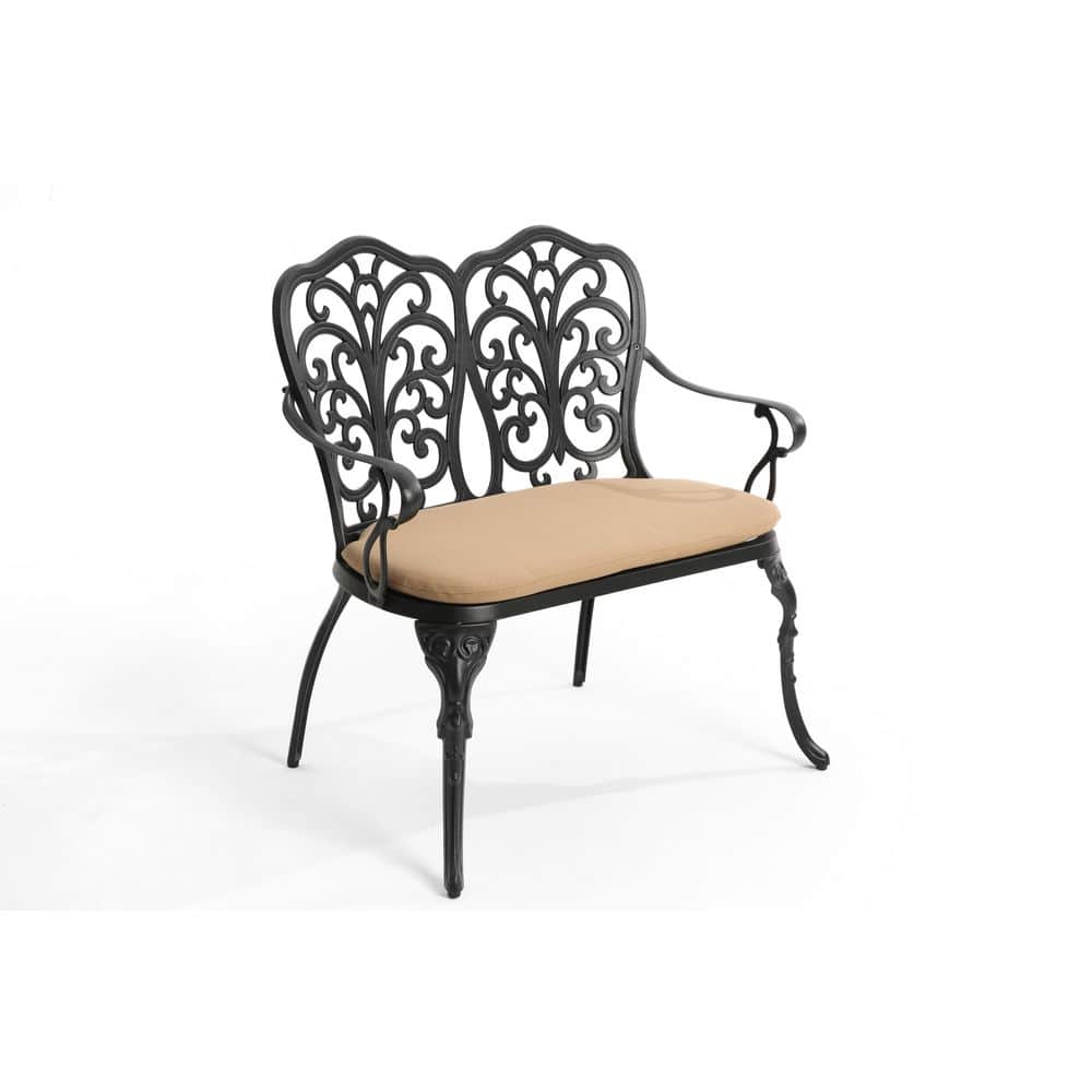 33 in. L 2-Person Black Metal Patio Garden Bench Chair Outdoor Cast Aluminum Bench Chair with Cushion price history on PriceWatchPro