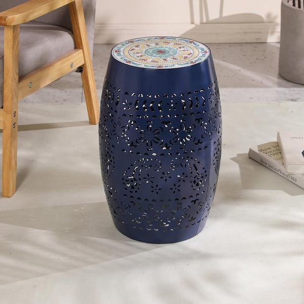 AFAIF 12 in. Ceramic Tile Iron Side Table -Dark Blue, for snacks, beverages, and plants, perfect for indoor and outdoor use