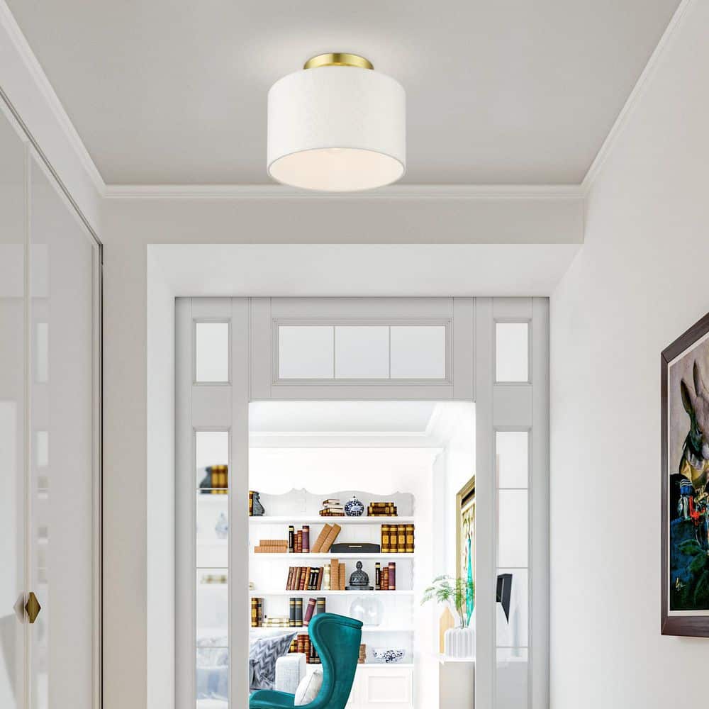 Satin Brass Glass Drum Indoor/Outdoor Semi-Flush Mount Light