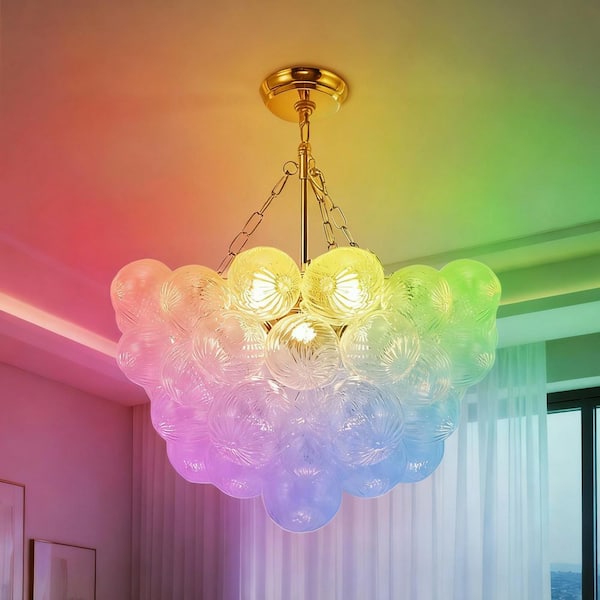 1-Light Gold Bubble Ball Glass Integrated LED Chandelier, RGBCW Dimmable Cluster Ceiling Light for Dining Room, Bedroom
