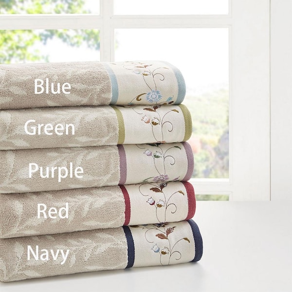 6-Piece Navy Embroidered Jacquard 100% Cotton Bath Towel Set