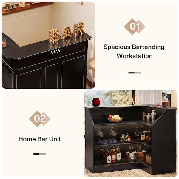 BYBLIGHT Kearsten 44.1 in. H Black L-Shaped Home Bar Unit, 3-Tier