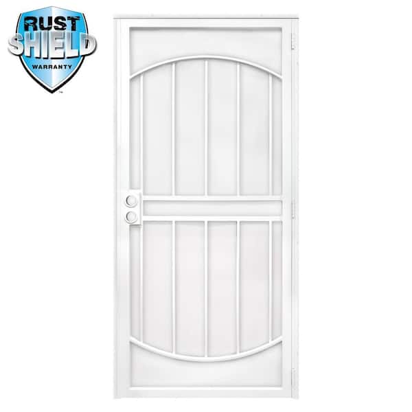 Unique Home Designs 32 in. x 80 in. Arcada Rust Shield White Surface Mount Universal Outswing Steel Security Door with Expanded Metal Screen