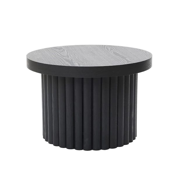 23.6 in Modern Black Round Fluted Wood Coffee Table, Stylish Centerpiece for Living Room Decor