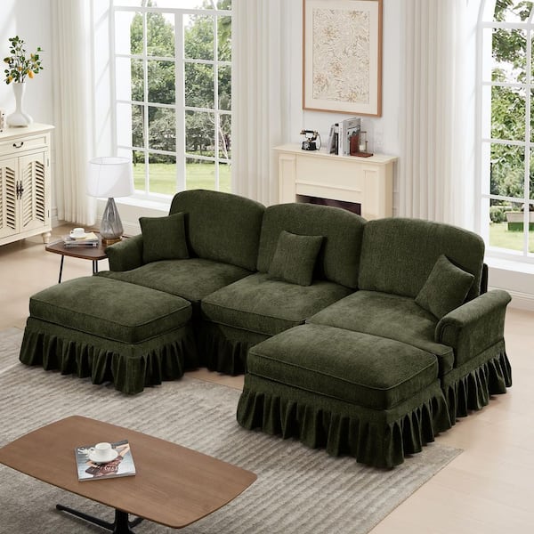 Andrea 107.1 in. Flared Arms Chenille U-Shaped Sectional Sofa in Green, Removable Ruffles Pleats Skirts, 2-Ottomans