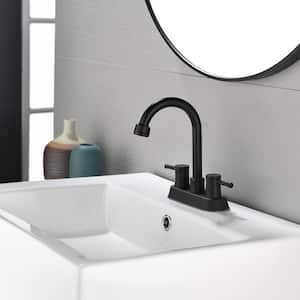 4 in. Centerset Double Handle Bathroom Faucet with with Copper Pop Up Drain and 2 Water Supply Lines in Matte Black