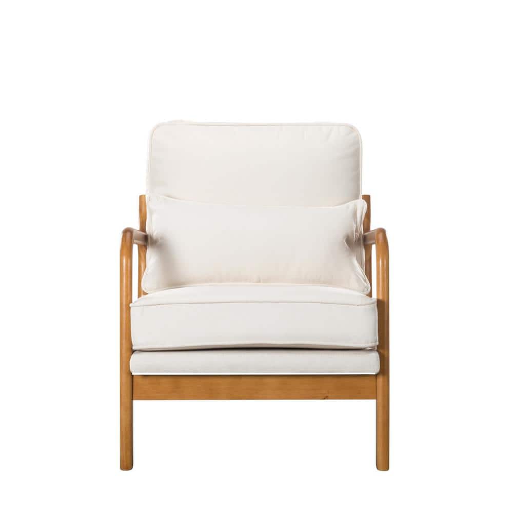 Beige Linen Blend Arm Chair with Solid Wood Leg