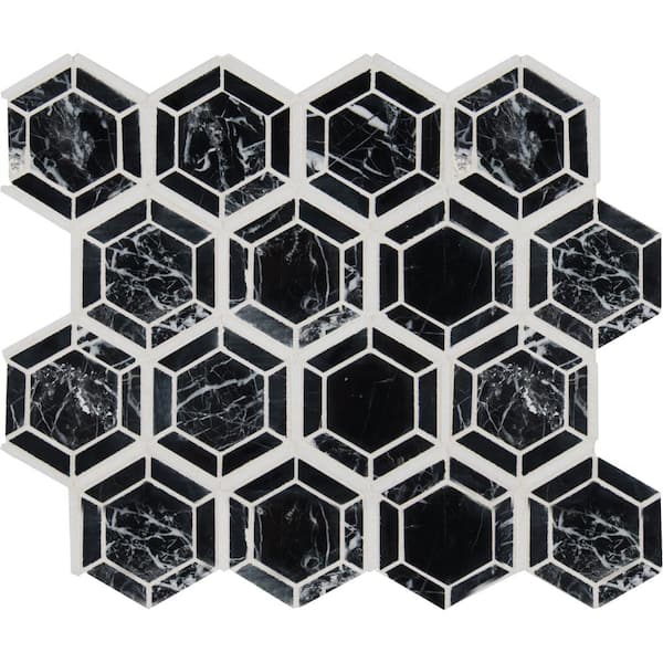 MSI Hexagono Nero 11 in. x 13 in. x 0.38 in. Polished Marble Mesh-Mounted Mosaic Floor and Wall Tile (10.6 sq. ft./Case)
