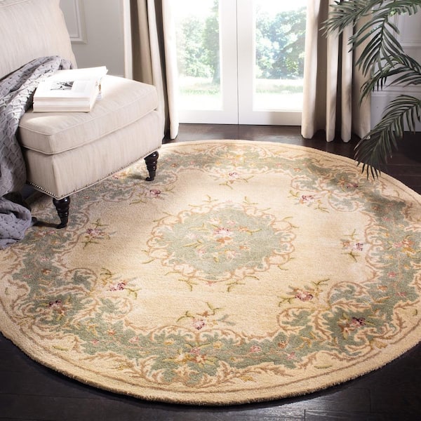 Bergama Ivory/Light Blue 4 ft. x 4 ft. Round Border Area Rug