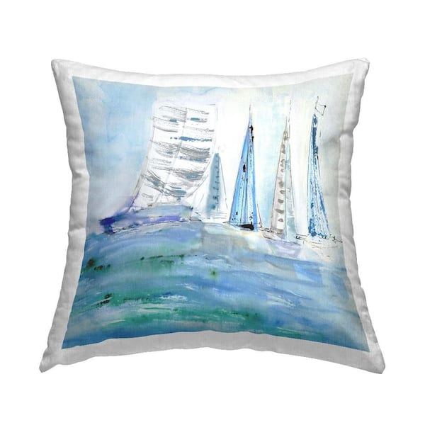 Stupell Industries Maritime Outlined Sailboats Blue Print Polyester 18 in. x 18in. Throw Pillow
