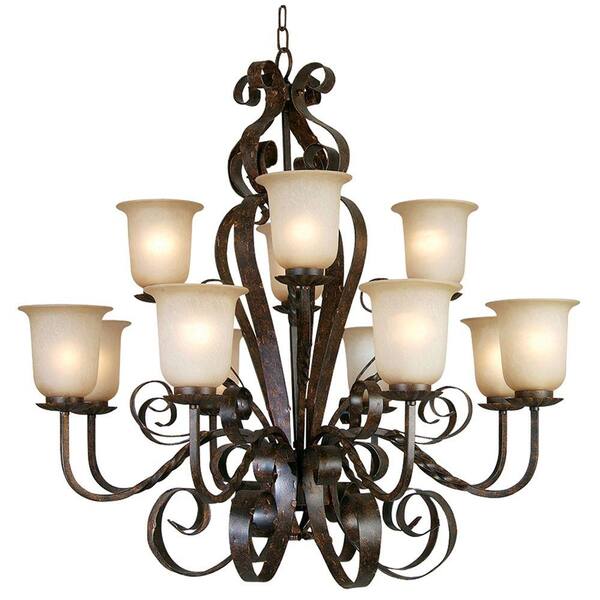 Yosemite Home Decor McKensi Collection 12-Light Bronze Patina Hanging Chandelier with Alabaster Glass Shade