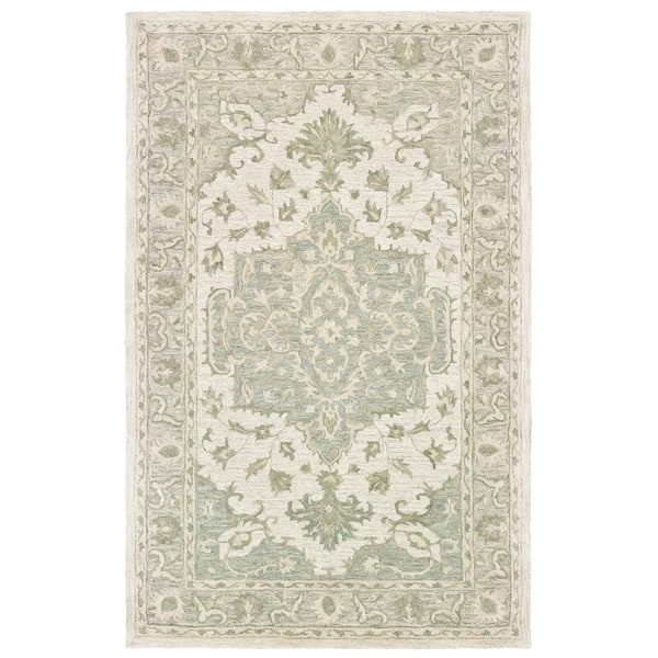 Unbranded Sea Green/Gray 7 ft. 9 in. x 9 ft. 9 in. Hand-Tufted Wool Medallion Indoor Area Rug