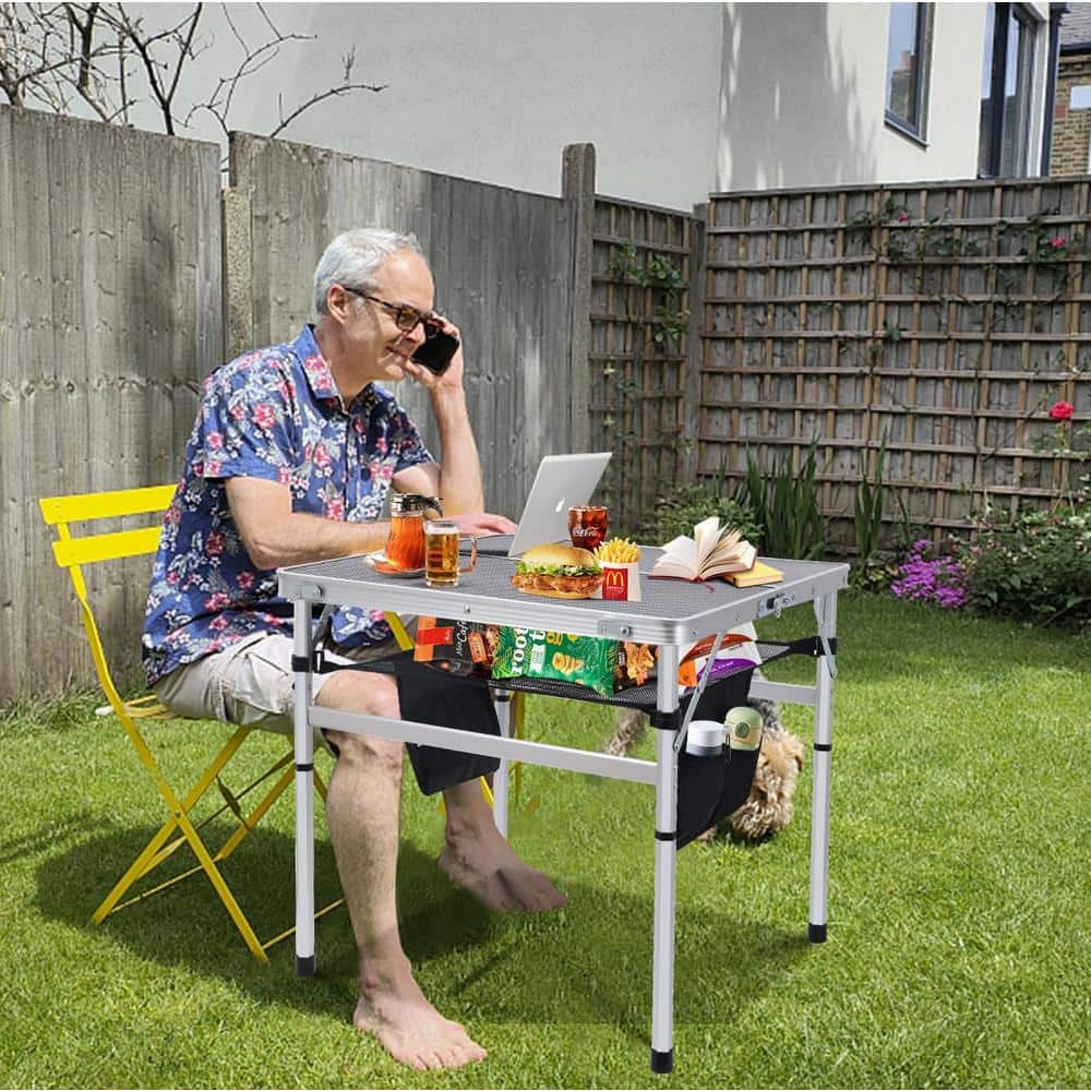 Adjustable White Steel Folding Camping Table with Mesh Bag