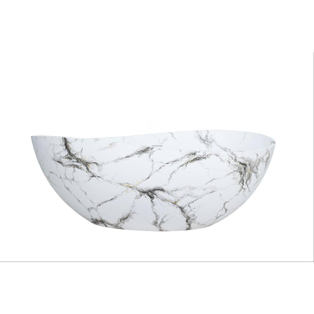63 in. x 37 in. Freestanding Flat Bottom Solid Surface Stone Soaking Bathtub with Center Drain in Marbling Matte White price history on PriceWatchPro