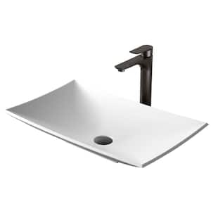 Quattro Matte White Acrylic 25 in. Rectangular Bathroom Vessel Sink with Faucet and drain in Matte Black