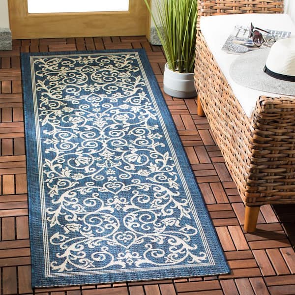 Courtyard Navy/Beige 2 ft. x 12 ft. Border Scroll Floral Indoor/Outdoor Patio  Runner Rug