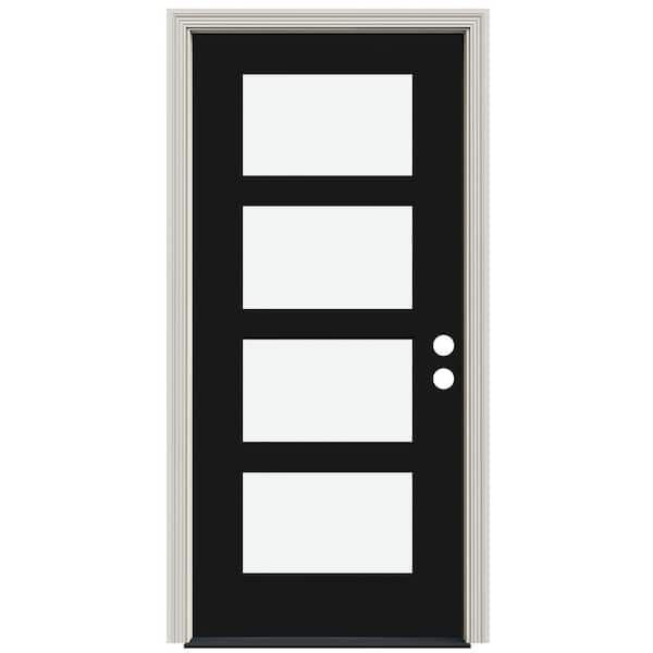JELD-WEN Smooth Pro 36 in. x 80 in. Flush Right Hand 4 Lite Frameless Clear Black Fiberglass Prehung Front Door