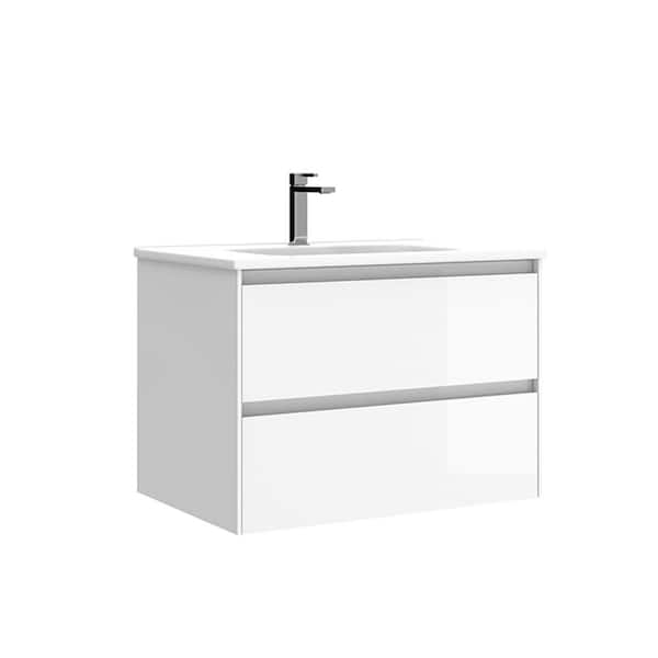 WS Bath Collections Perla 28 in. W x 18.1 in. D x 19.5 in. H Single Sink Wall Mounted Bath Vanity in Gloss White with White Ceramic Top