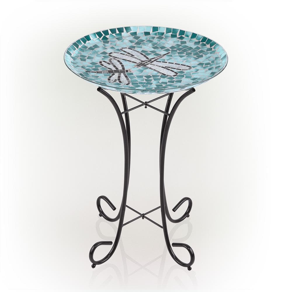 24 in. Tall Outdoor Mosaic Dragonfly Glass Birdbath Bowl with Metal Stand