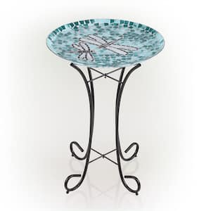 24 in. Tall Outdoor Mosaic Dragonfly Glass Birdbath Bowl with Metal Stand