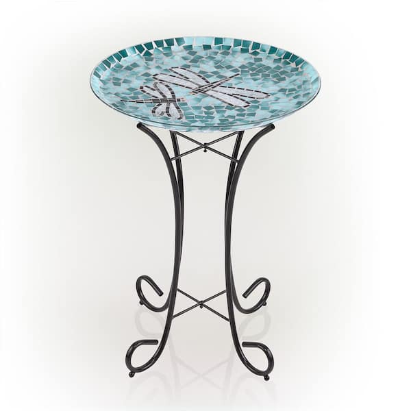 Alpine Corporation 24 in. Tall Outdoor Mosaic Dragonfly Glass Birdbath Bowl  with Metal Stand HMD196A - The Home Depot