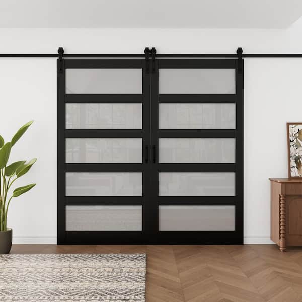 84 in. x 84 in. Waterproof 5-Lite Tempered Frosted Glass Black Finished MDF Sliding Barn Door with Hardware Kit