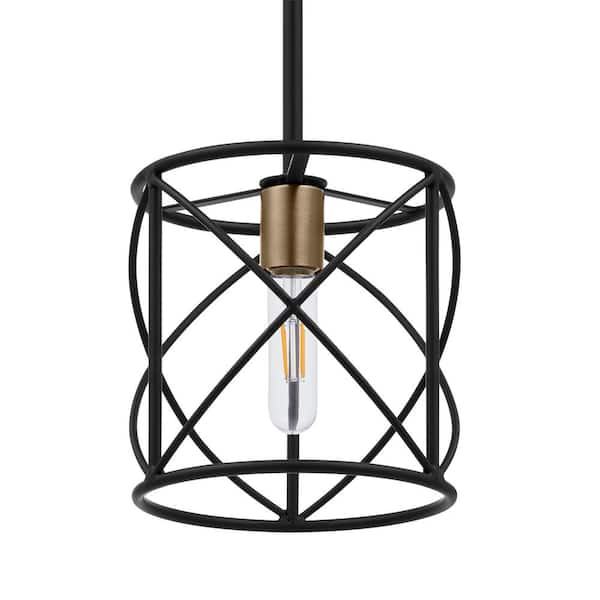 Hampton Bay Hastings 60-Watt 1-Light Matte Black and Old Satin Brass Pendant with Cage Shade