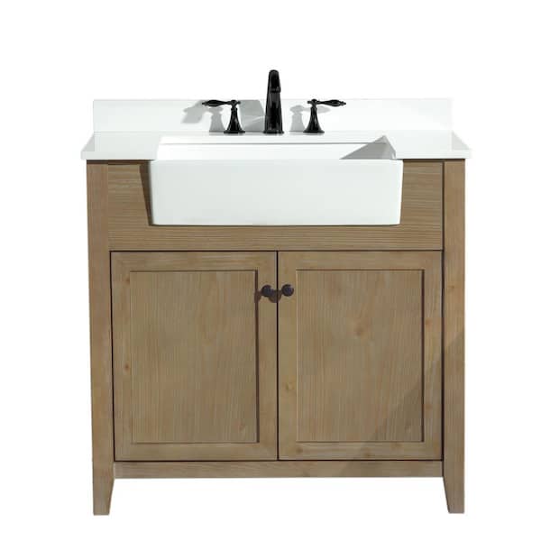 Ari Kitchen and Bath Sally 36 in. W x 20.5 in. D x 34.5 in. H Single Bath Vanity in Weathered Fir with White Engineered Stone Top with Basin
