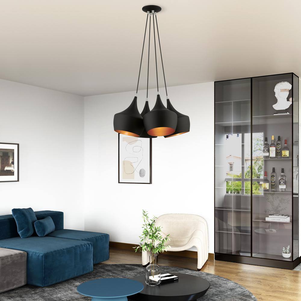 Waldorf 4-Light Teardrop Cluster Pendant Black with Gold Interior
