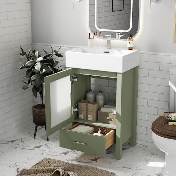 20 in. W Freestanding Bath Vanity in Green with White Ceramic Top and Ample Storage