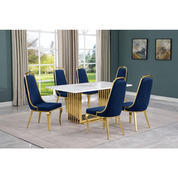 Best Quality Furniture Lisa 7-Piece Rectangular White Marble Top Gold Chrome Base Dining Set with Navy Blue Velvet Chairs Seats 6.