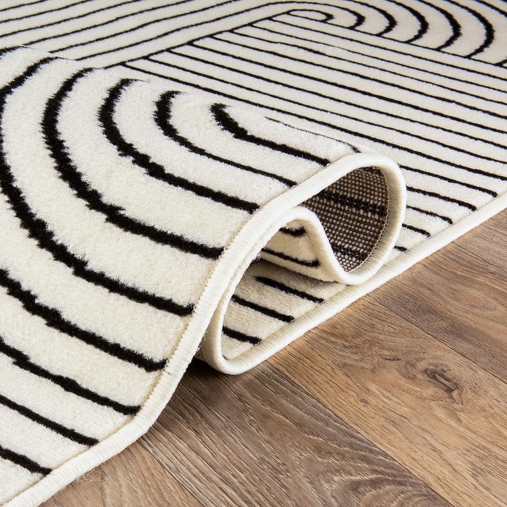 Cream and Black Abstract Synthetic Runner Rug, 2'x7'
