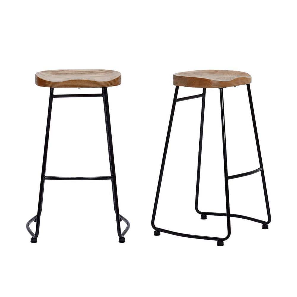StyleWell Black Metal Backless Bar Stool with Wood Seat (Set of 2) (18.5 in. W x 29.52 in. H
