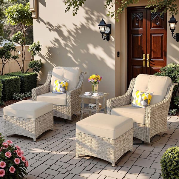 Eureka Grey 5-Piece Modern Wicker Outdoor Patio Conversation Swivel Rocking Chair Seating Set with Beige Cushions