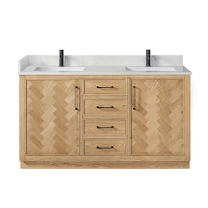 Jakarta 60 in. W. x 22 in. D x 33.9 in. H Double Bath Vanity in Oak Weathering Light Brown Silk White Quartz Stone Top