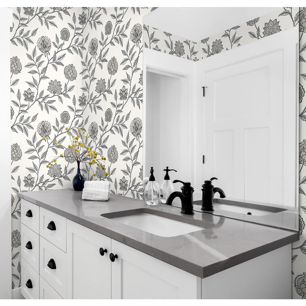 Gray and Black Jacobean Floral Peel and Stick Vinyl Wallpaper