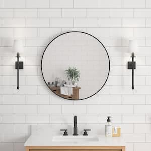 28 in. W x 28 in. H Round Anodized Aluminum Framed Wall Bathroom Vanity Mirror in Matte Black