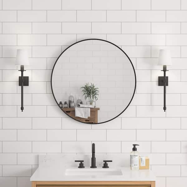 ANGELES HOME 28 in. W x 28 in. H Round Anodized Aluminum Framed Wall Bathroom Vanity Mirror in Matte Black